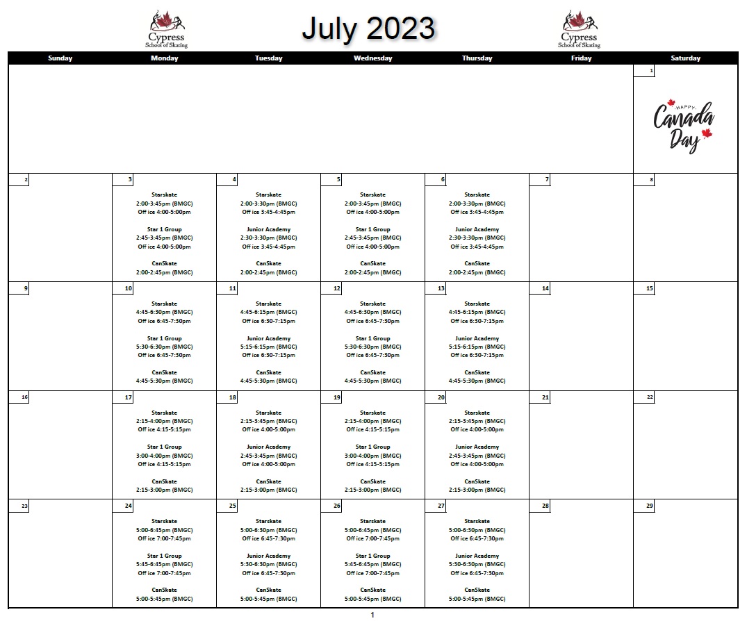 Monthly Calendar :: Cypress School of Skating